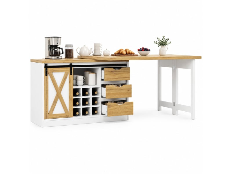  Îlot de cuisine 2 en 1 avec table extensible et rangement - lpospi - porte coulissante mdf blanc 120 × 40 × 72 cm  - Conforama A