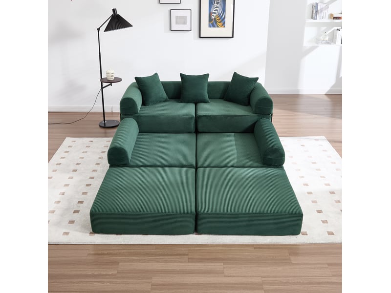  Canapé d'angle 4 places modulaire en velours côtelé vert émeraude avec poche latérale, idéal pour votre salon  - Conforama E