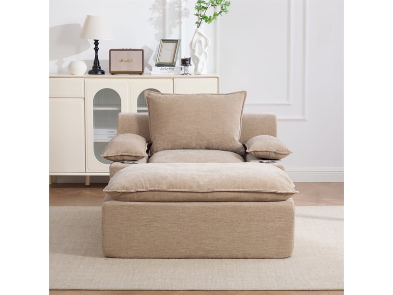  Fauteuil relax avec pouf - 113x93x81cm - chaise longue sous vide sans montage chenille porte gobelet salon - kaki clair  - Conforama C