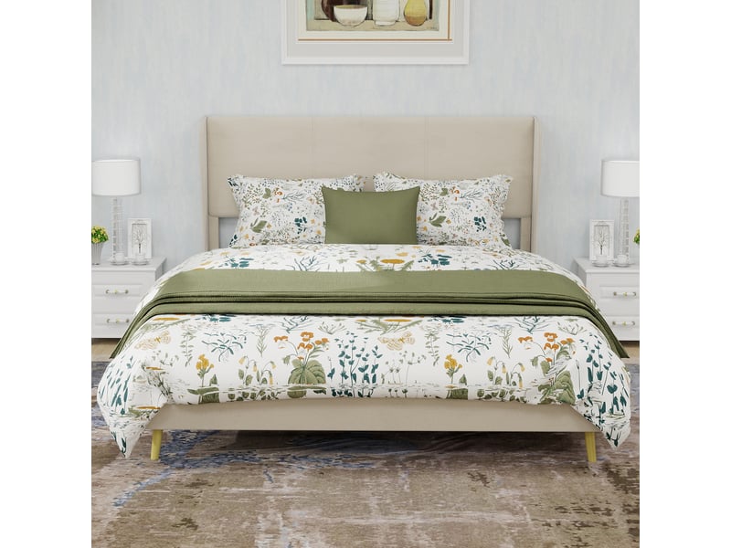  Lit adulte 140 x 200 cm, lit double, avec tête de lit et sommier, base basse, velours beige, sans matelas  - Conforama B