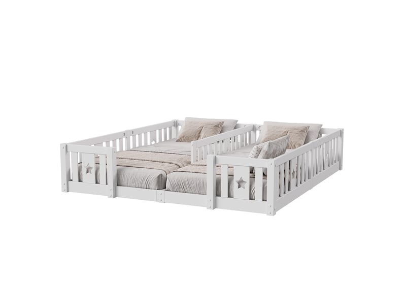  Lit 140x200cm - lit enfant 140x200 - lit double au sol en bois massif avec barrières de protection et motifs étoiles - blanc  - Conforama A
