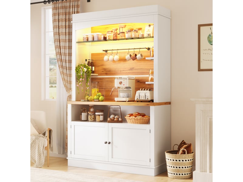  Ensemble de 2 colonnes avec éclairage led, buffet de 184 cm de haut avec étagère en verre et patère, blanc, charge maximale de 60 kg  - Conforama R