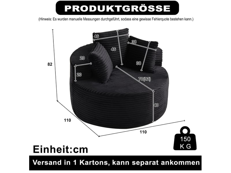  Fauteuil rond modenvie en velours côtelé noir 110 x 110 x 82 cm avec 3 coussins  - Conforama C