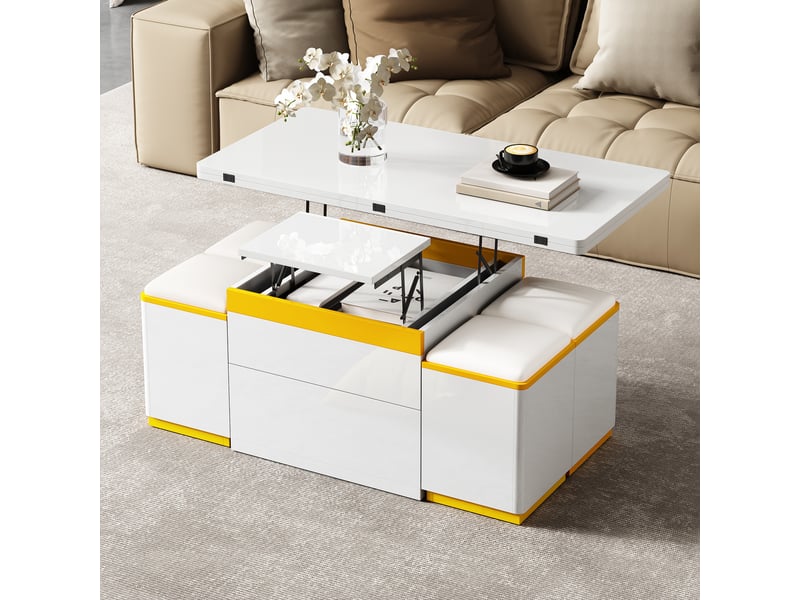  Table basse 100x50x43 cm relevable et dépliable, rangements et 4 poufs coffres, mdf et panneaux de particules, blanc et jaune ABC - Conforama B
