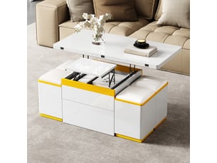 Table basse 100x50x43 cm relevable et dépliable, rangements et 4 poufs coffres, mdf et panneaux de particules, blanc et jaune