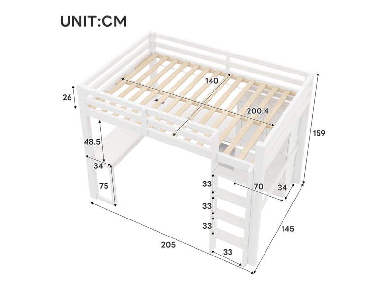 Lit mezzanine 140x200 cm avec bureau, rangements, led et usb blanc - Conforama C