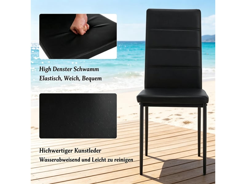  Chaises de salle à manger lot de 4 à dossier haut ergonomique  - pieds métal, simili cuir noir  - Conforama E