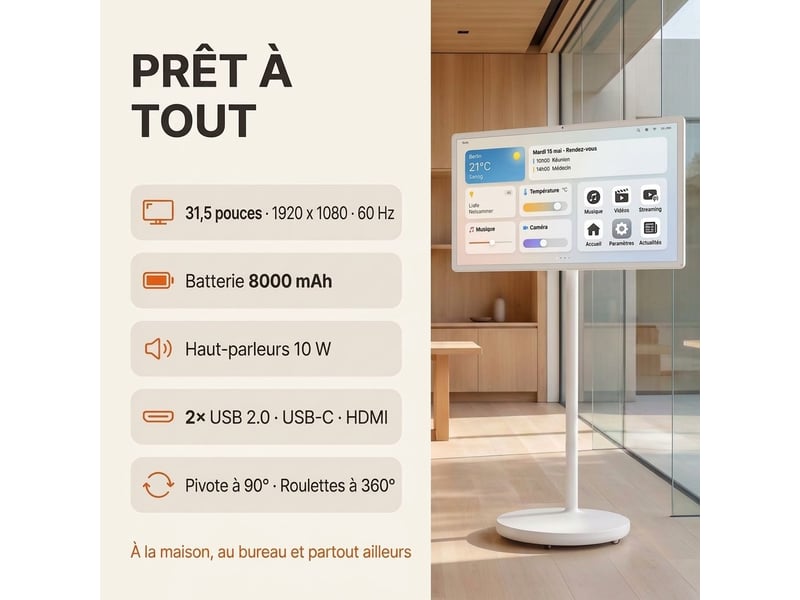 Ecran tactile mobile 32 pouces smart display android 15 batterie roulette blanc - Conforama C