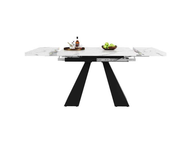 Table de cuisine 160x80, plateau laqué blanc élégant table à manger, système télescopique extensible, structure métal robuste - Conforama A