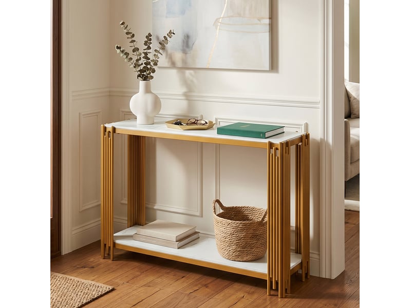  Table console à 2 niveaux effet marbre, cadre en métal doré, 123,5 x 33,5 x 80 cm  - Conforama E