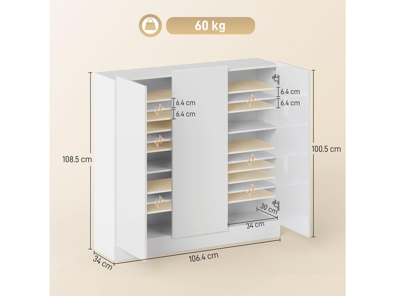  Étagère à chaussures d'entrée étroite pour 25 à 30 paires de chaussures avec portes à fermeture douce, blanc brillant  - Conforama D
