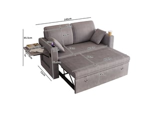 Canapé 2 places, transformable en lit, dossier réglable, avec porte-gobelets, avec coussins, en velours côtelé, coloris gris