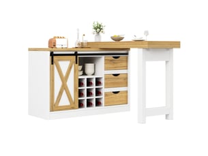 Îlot de cuisine multifonction avec table extensible, portes style grange, tiroirs et porte-bouteilles amovible, 120-197 cm
