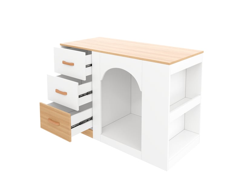  Îlot de cuisine blanc effet bois mdf 120×60×90 cm, 3 tiroirs, niches et espace animal, sans gamelle ni coussin  - Conforama C