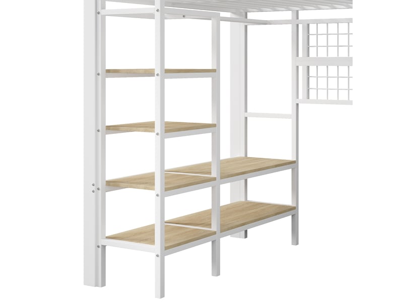  Lit mezzanine 2 places - 140x200 cm - métal blanc - cadre en fer robuste - bande lumineuse led - étagère intégrée  - Conforama W