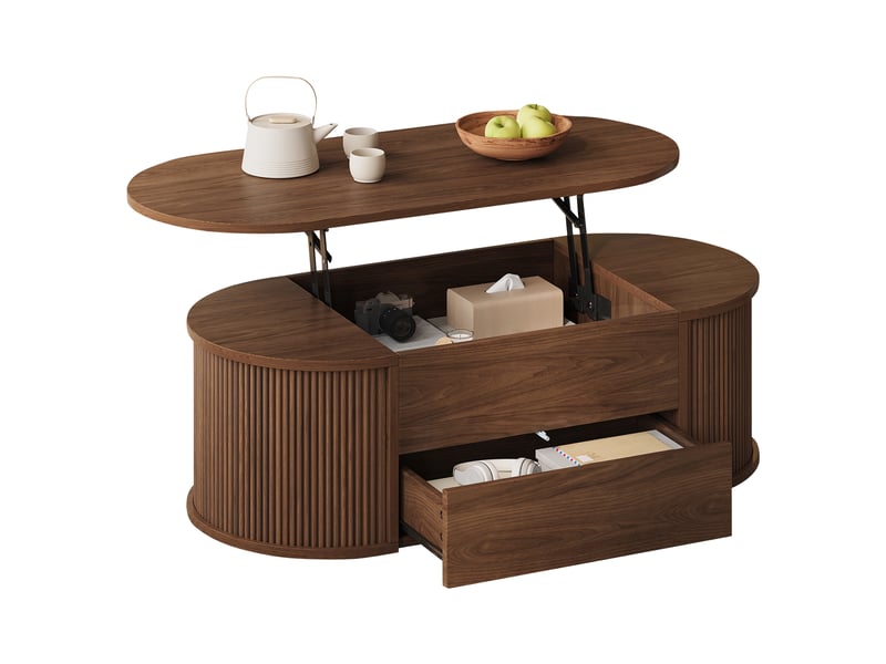  Table basse relevable 100x50x35 cm avec mécanisme hydraulique, 1 tiroir push-to-open et rangement caché, table de salon ovale en mdf, effet noyer Seren Glow - Conforama A
