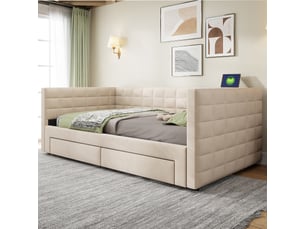 Lit coffre 90x190 cm <strong></strong> <strong>CozyNest</strong> coloris beige