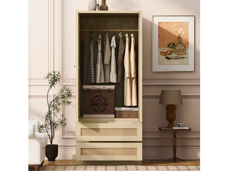 Armoire modenvie 2 portes avec 2 tiroirs et rangement 70 x 55 x 170 cm bois clair - Conforama E