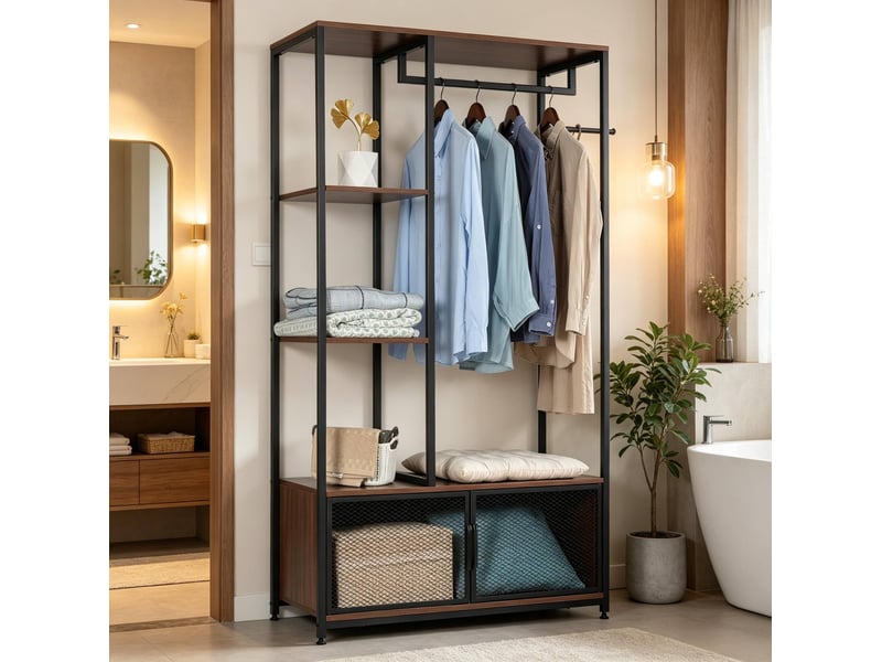 Portant à vêtements ouvert 90x40x167 cm avec étagères en métal et mdf, noir - Conforama D