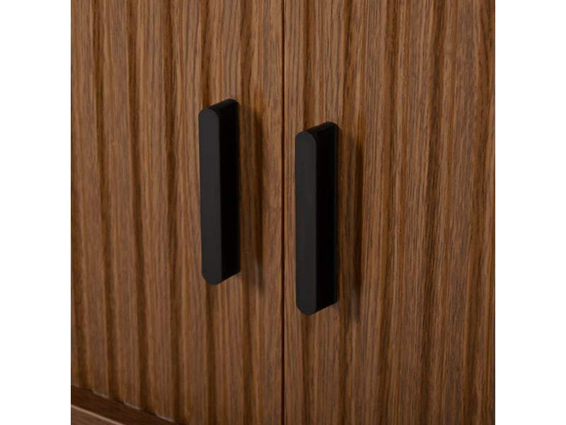  Meuble tv vintage noyer 170 cm à portes coulissantes et 2 niches ouvertes, meuble tv aspect bois à pieds métalliques et coins arrondis, pour salon Bubbly - Conforama E