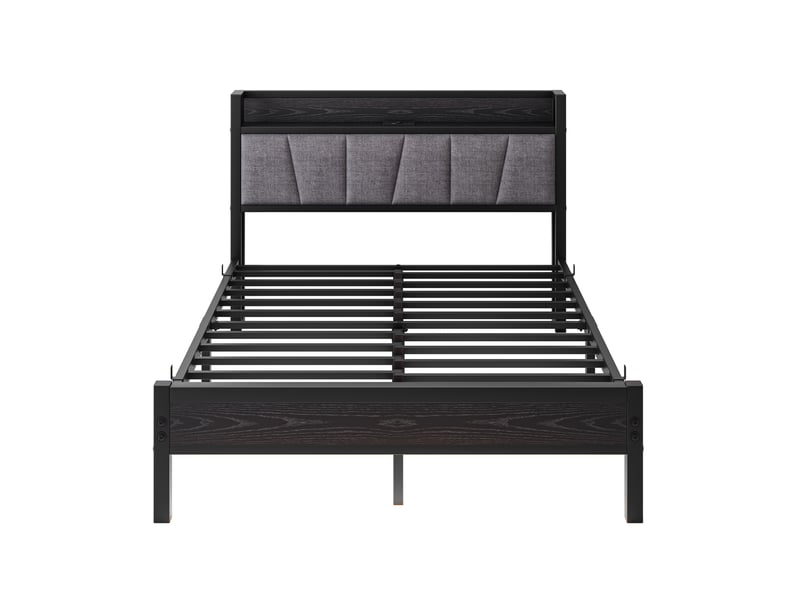 Lit adulte 140 × 190 cm 2 places avec led, usb, tête de lit avec rangement et prise, sans matelas, métal noir - Conforama A