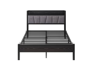 Lit adulte 140 × 190 cm 2 places avec led, usb, tête de lit avec rangement et prise, sans matelas, métal noir