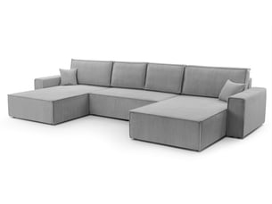 Canapé d'angle panoramique convertible <strong>AX LIVING </strong> <strong>Cedria U</strong> 5 places Velours côtelé gris avec coffre de rangement