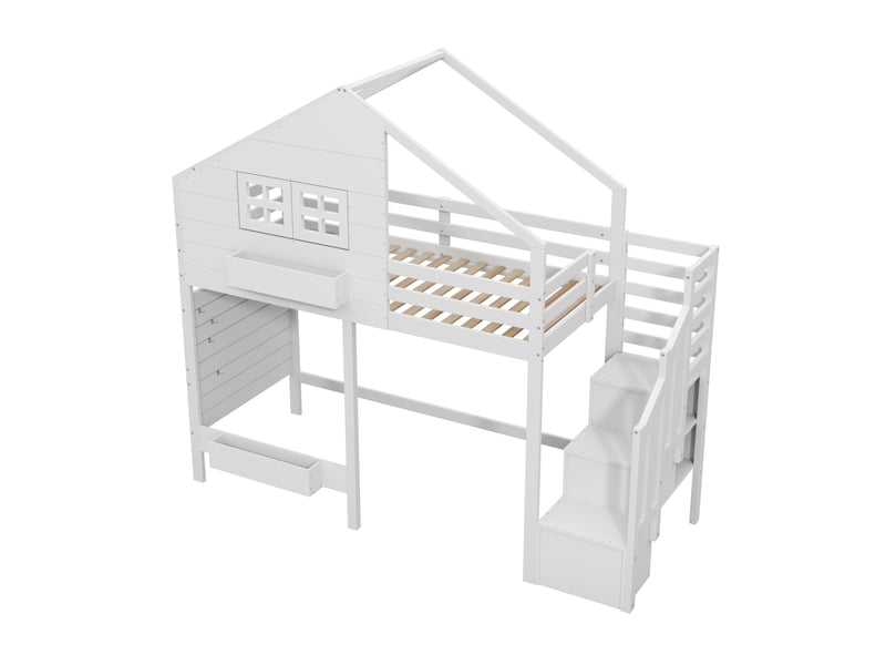  Lit superposé enfant 90x200 en bois massif blanc, lit cabane avec fenêtre, escalier avec rangements et barrière de sécurité.  - Conforama A
