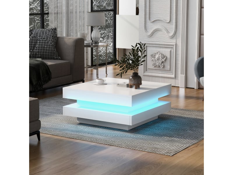 Table basse carrée blanche laquée 70x70 cm avec plateau rotatif 360° et led, style moderne techno  - Conforama R