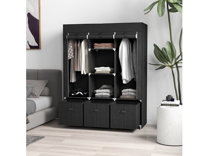 Armoire en tissu pliable avec fermeture zippée, 3 tiroirs, 2 tringles et 5 étagères pour chambre salon en acier noir - Conforama B