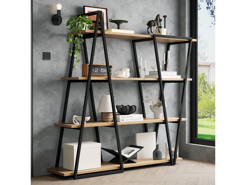  Bibliothèque design géométrique 158x35x166 cm, étagère sur pied métal et bois avec 4 niveaux, style industriel pour salon et bureau.  - Conforama E