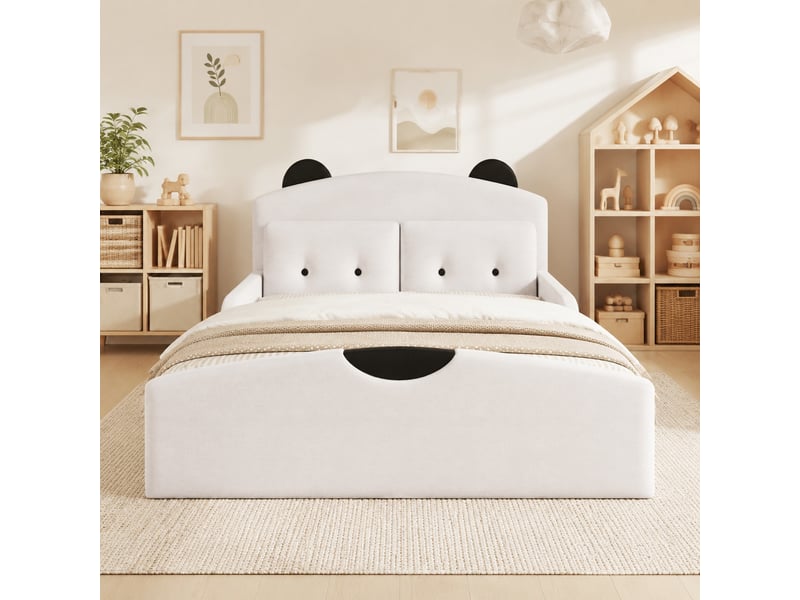  Lit plateforme 140x200 cm, mdf blanc, tête de lit rembourrée motif ours, design ours, base à lattes et 2 coussins décoratifs  - Conforama B
