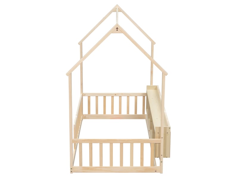  Lit cabane enfant 90x200 cm avec étagères et barrières de sécurité naturel, sans matelas  - Conforama R