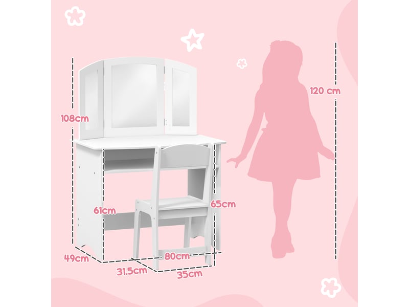  Ensemble coiffeuse pour enfants avec miroir triple amovible et chaise en bois blanc  - Conforama E