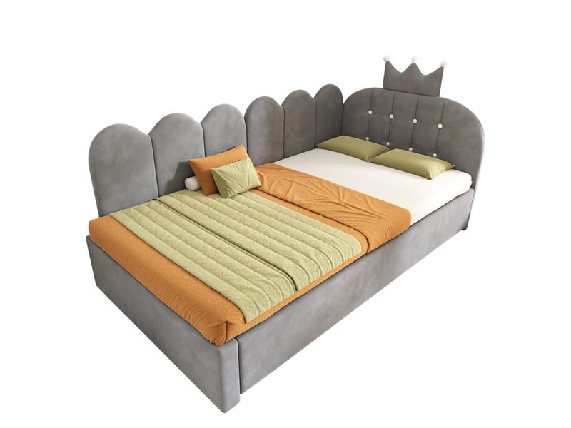  Modenvie lit gigogne 90x200 cm - forme l en velours avec tete de lit couronne, sans matelas - gris  - Conforama A
