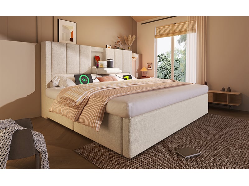  Lit coffre 140x200 cm tissu lin – rangement hydraulique, ports usb, porte-gobelet, sommier et matelas inclus  - Conforama B