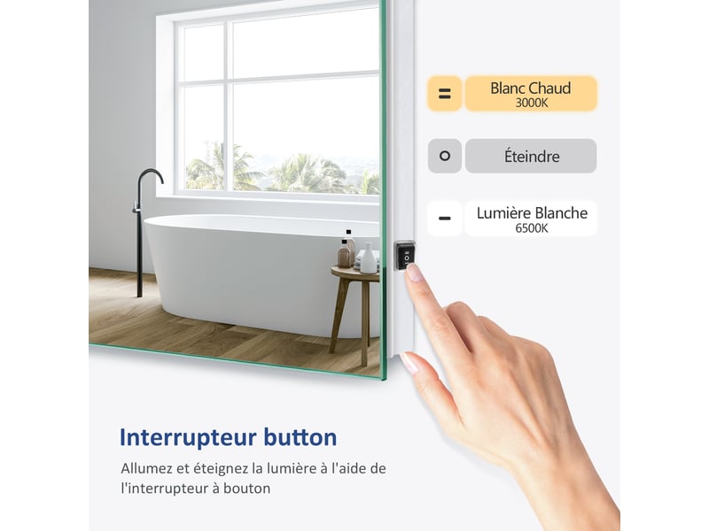  Emke miroir de salle de bain led 50x60 cm, anti-buée, interrupteur mécanique, 2 températures de couleur  - Conforama D