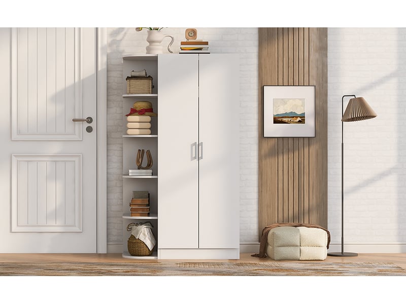  Armoire blanche 2 portes 90 x 55 x 170 cm avec étagères et penderie intégrée  - Conforama E