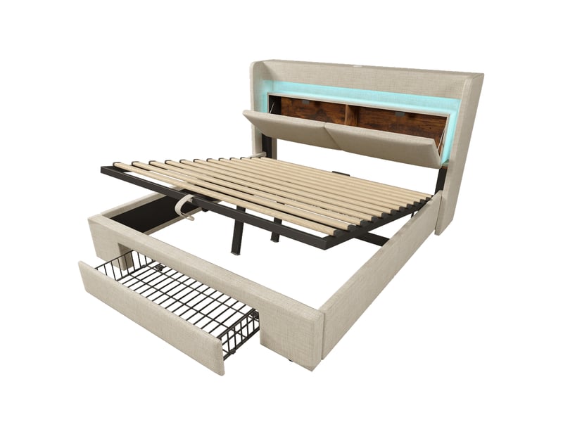 Lit coffre,160x200 cm,avec matelas, led et usb,tissu,beige - Conforama D