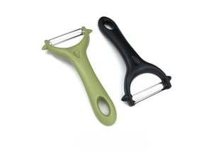 2 x éplucheur universel en acier inoxydable, économe manuel, poignée ergonomique, pour fruits et légumes (vert + noir)