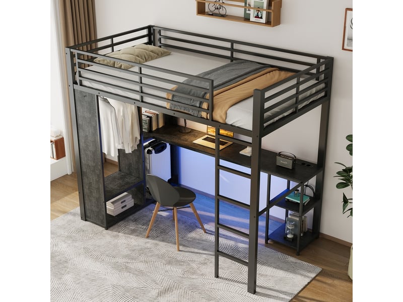  Lit mezzanine en fer noir 90 x 200 cm avec bureau étagères et éclairage led  - Conforama B