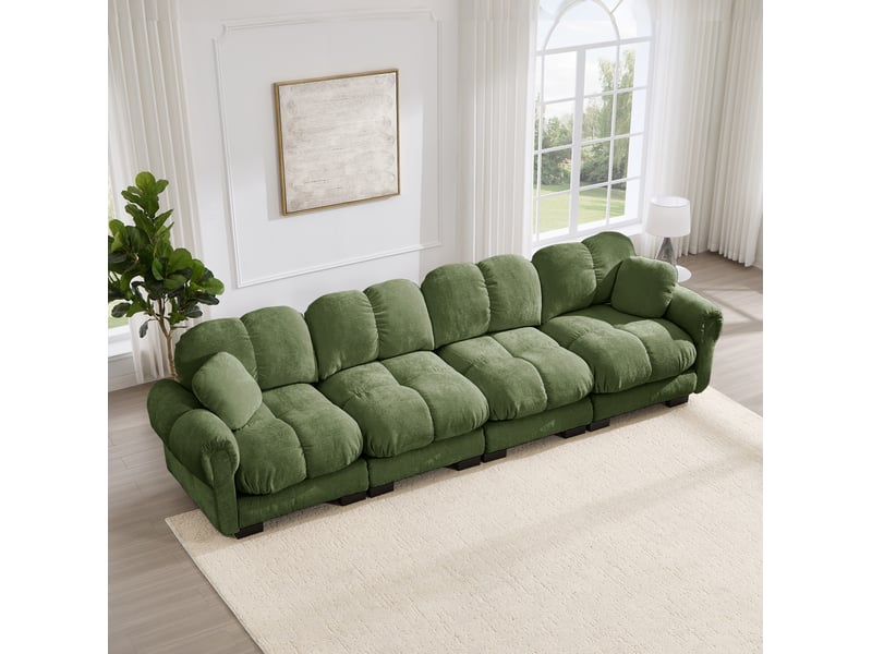 Canapé droit modulable 4 places en tissu vert, accoudoirs élégants et coussins épais pour un confort soutenant - Conforama B