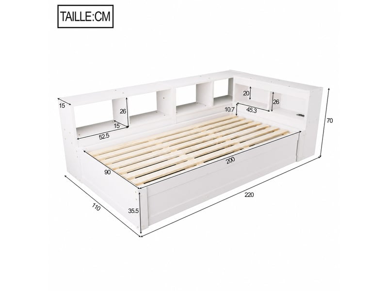  Lit banquette 1 place 200x90 cm avec coffre hydraulique, rangements, prise et led, blanc  - Conforama D