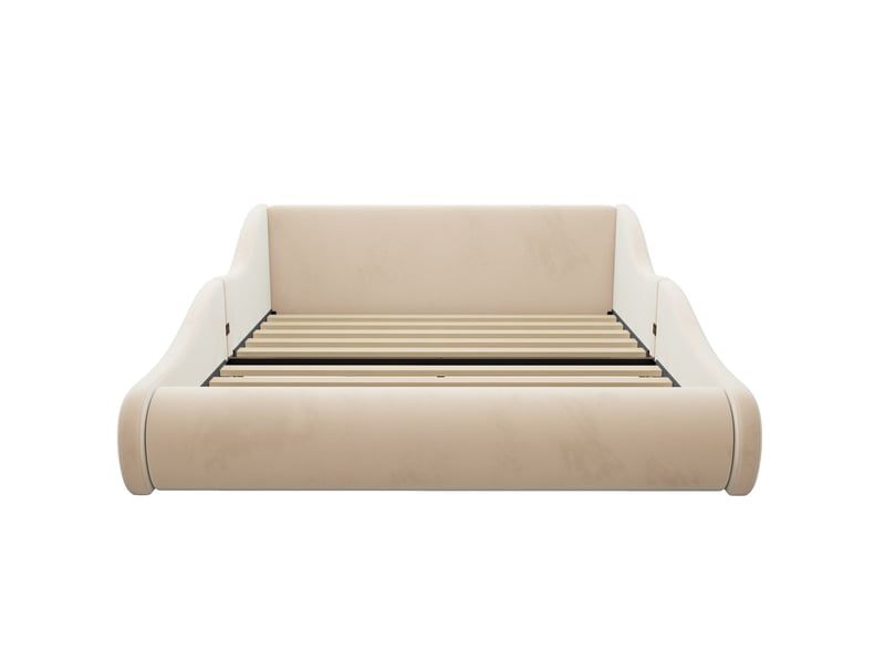  Cadre de lit 140 x 200 cm structure rembourrée revêtement en velours tête de lit haute barrières latérales de protection matelas intégré finition beige  - Conforama A