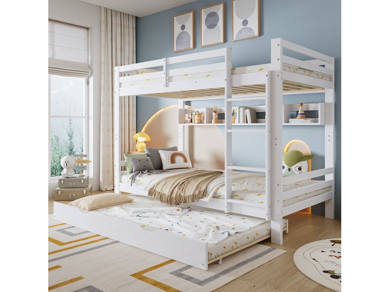  Lit superposé enfant avec lit gigogne et étagères 90x200 blanc cravdom  - Conforama B