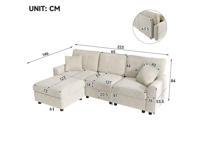  Canapé d'angle 223x146x84 cm, 1 pouf, 2 coussins carrés, ports usb et type-c, chenille et corduroy beige  - Conforama C