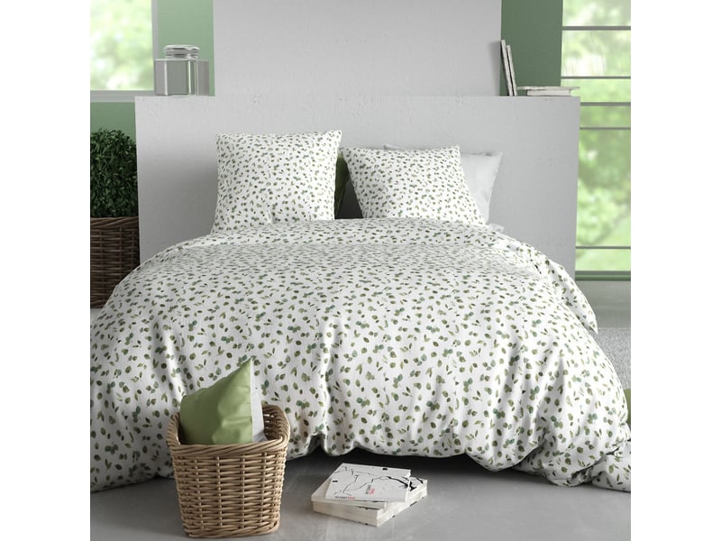  Parure housse de couette 260x240cm + 2 taies motif petites feuilles blanc et vert 100% coton - lazare LAZARE - Conforama A