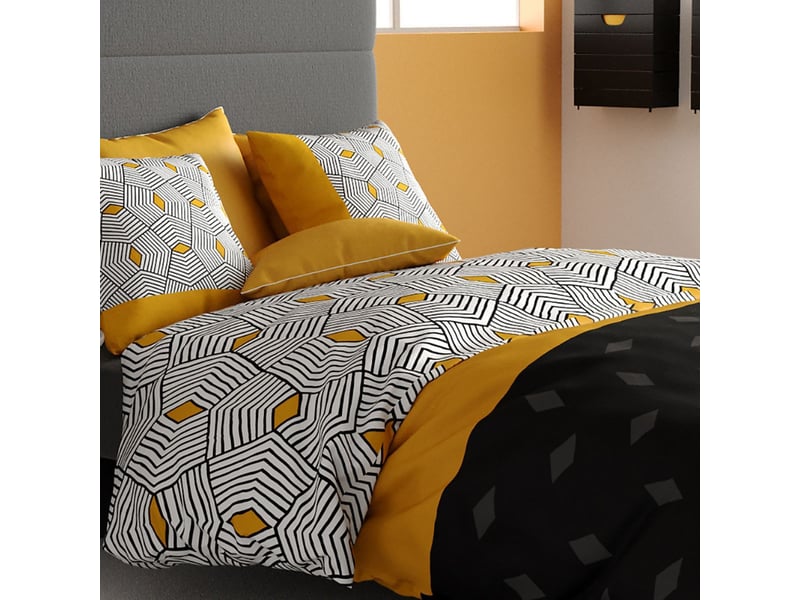 Parure housse de couette 260x240cm + 2 taies motif graphique jaune et noir 100% coton - farandole FARANDOLE - Conforama C