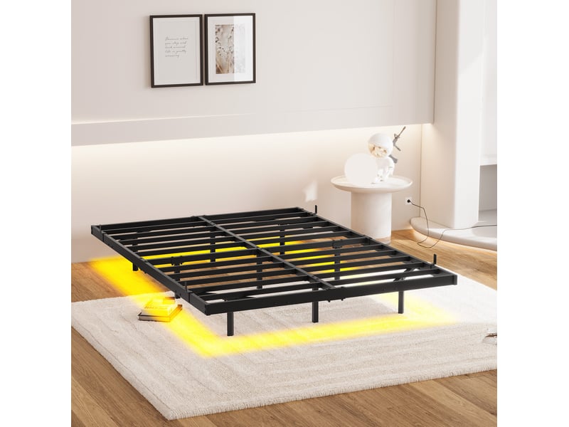  Cadre à lattes 120x200 cm en métal noir avec led, station de charge et cadre flottant  - Conforama D