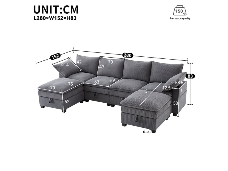 Canapé d'angle modulaire modenvie 6 places en velours côtelé gris avec rangement et usb 280 x 151 x 82 cm - Conforama C